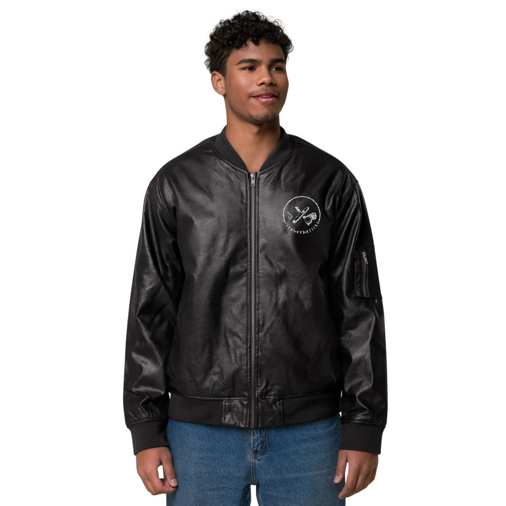 Clubs and Sticks Leather Embroidered Bomber Jacket