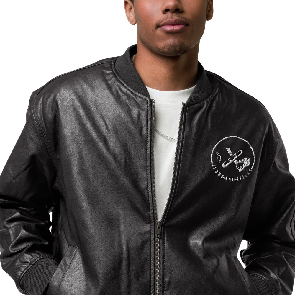 Clubs and Sticks Leather Embroidered Bomber Jacket