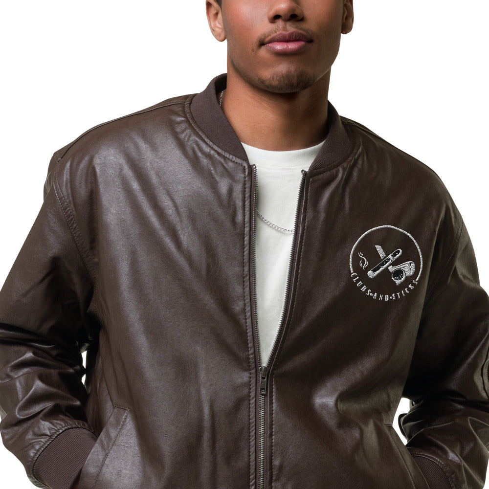 Clubs and Sticks Leather Embroidered Bomber Jacket