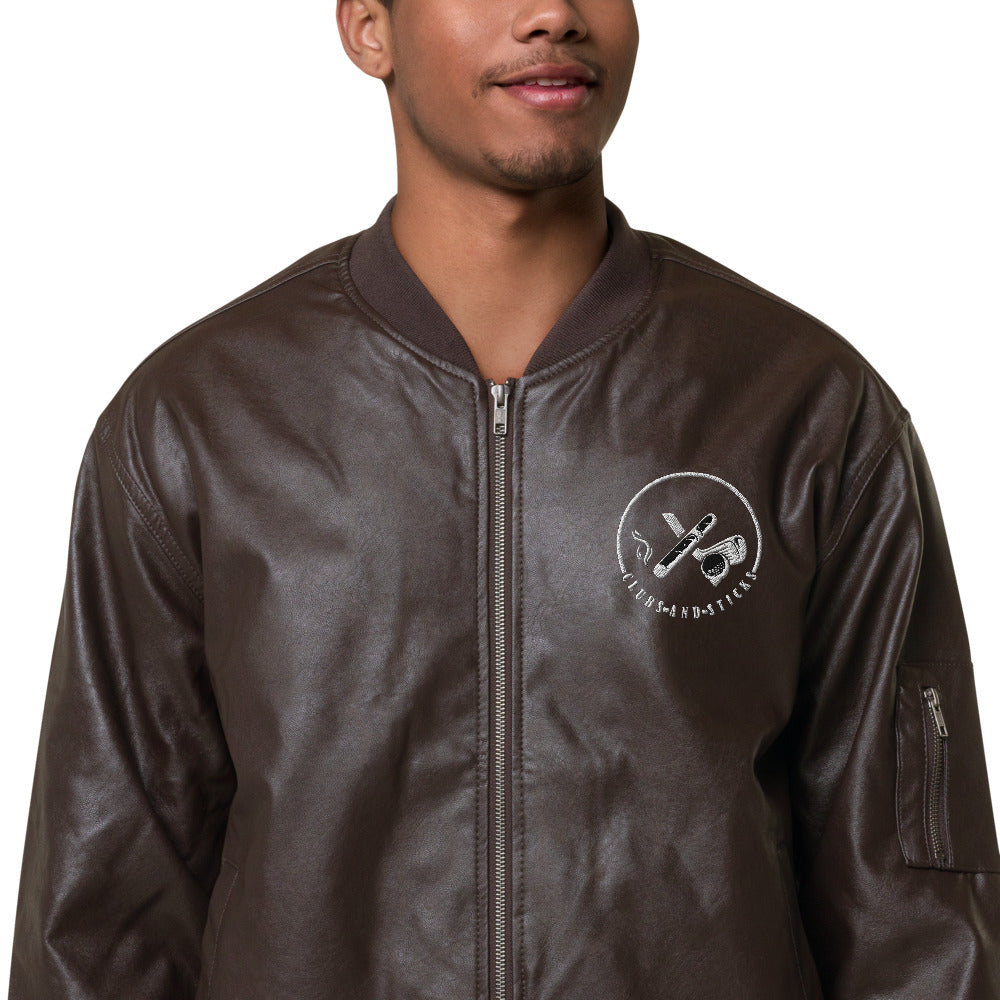 Clubs and Sticks Leather Embroidered Bomber Jacket
